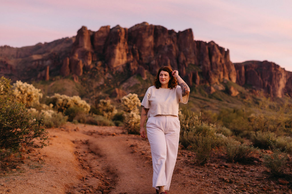 Carolina Zuppardi walking in the Arizona desert at sunset